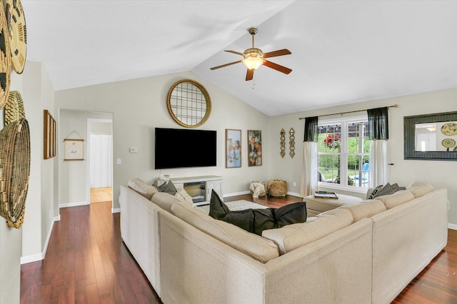 1228 N County Road 530 Rd E, Tuscola, IL 61953 - living room with a ceiling fan, vaulted ceiling, and dark wood finished floors