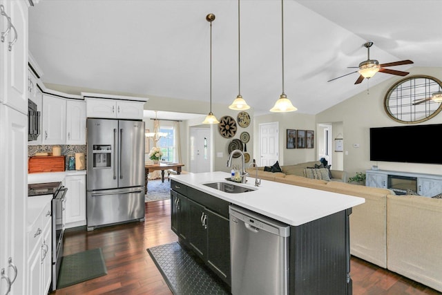 1228 N County Road 530 Rd E, Tuscola, IL 61953 - kitchen with appliances with stainless steel finishes, white cabinets, vaulted ceiling, dark wood finished floors, and light countertops