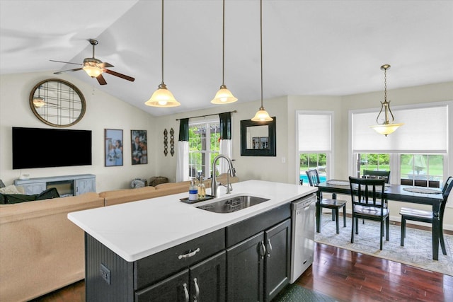 1228 N County Road 530 Rd E, Tuscola, IL 61953 - kitchen with dishwasher, open floor plan, light countertops, dark wood-style flooring, and vaulted ceiling