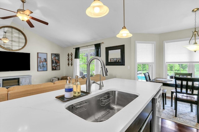 1228 N County Road 530 Rd E, Tuscola, IL 61953 - kitchen featuring open floor plan, healthy amount of natural light, lofted ceiling, a ceiling fan, and hanging light fixtures