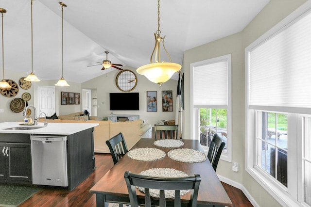 1228 N County Road 530 Rd E, Tuscola, IL 61953 - dining area with dark wood-style floors, a ceiling fan, and lofted ceiling