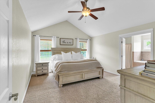 1228 N County Road 530 Rd E, Tuscola, IL 61953 - bedroom with light carpet, multiple windows, vaulted ceiling, and ceiling fan