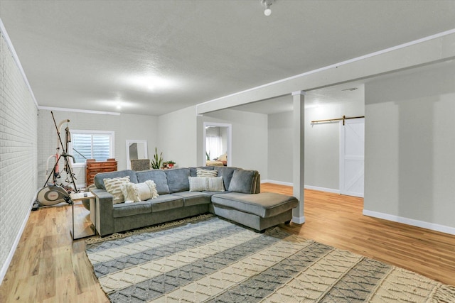 1228 N County Road 530 Rd E, Tuscola, IL 61953 - living area with wood finished floors, brick wall, a barn door, and a textured ceiling