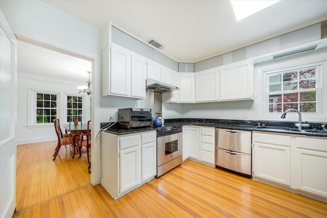 408 W Iowa St, Urbana, IL 61801 - kitchen with appliances with stainless steel finishes, a sink, light wood finished floors, a chandelier, and white cabinetry