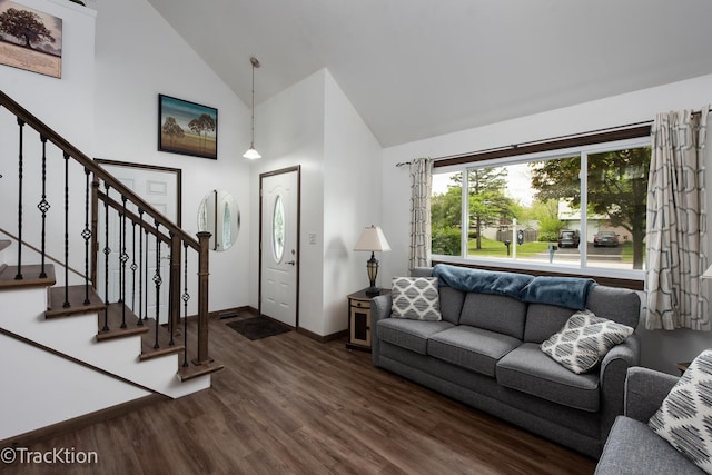 543 White Birch Rd, Lindenhurst, IL 60046 - living area featuring high vaulted ceiling, dark wood-style floors, stairway, and baseboards