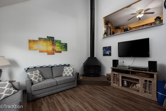 543 White Birch Rd, Lindenhurst, IL 60046 - living room with a wood stove, wood finished floors, and a ceiling fan