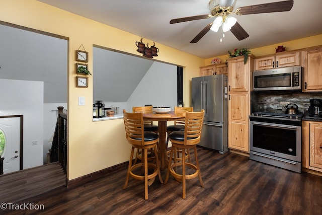543 White Birch Rd, Lindenhurst, IL 60046 - kitchen featuring stainless steel appliances, dark wood finished floors, ceiling fan, light brown cabinetry, and tasteful backsplash