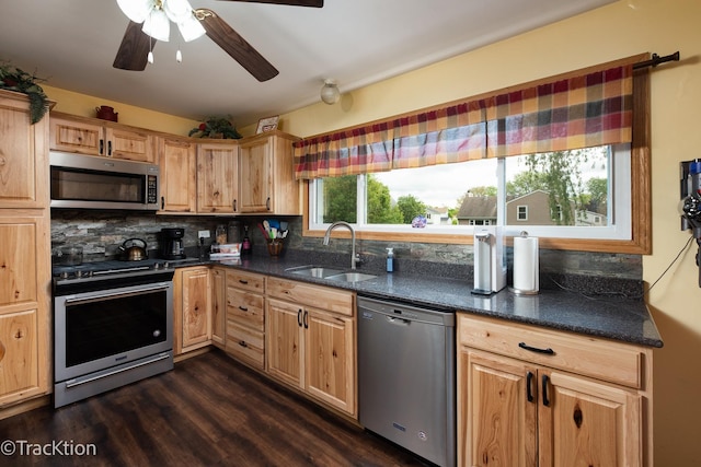 543 White Birch Rd, Lindenhurst, IL 60046 - kitchen featuring appliances with stainless steel finishes, a sink, tasteful backsplash, dark wood-style floors, and ceiling fan