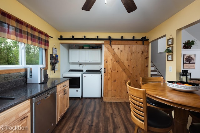 543 White Birch Rd, Lindenhurst, IL 60046 - kitchen featuring stainless steel dishwasher, washer and dryer, a barn door, and dark wood-style floors