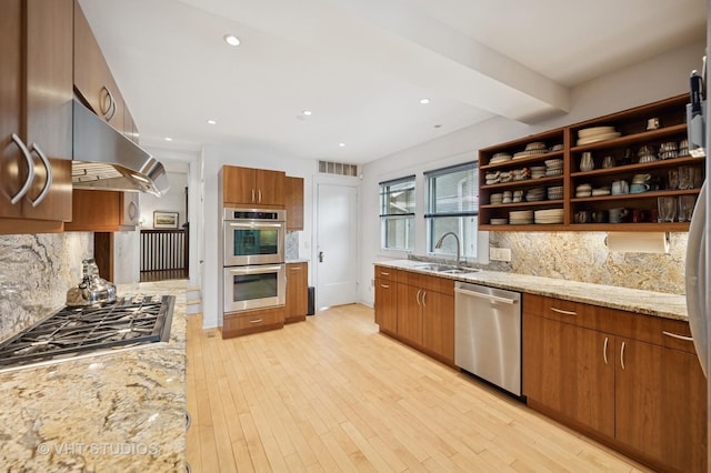 1431 Noyes St, Evanston, IL 60201 - kitchen with appliances with stainless steel finishes, a sink, ventilation hood, backsplash, and light stone countertops