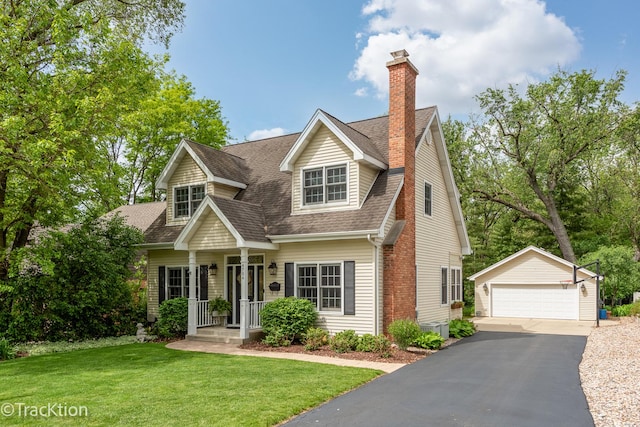 4704 Woodward Ave, Downers Grove, IL 60515 - view of front of home with an outdoor structure, a garage, a shingled roof, a chimney, and a front yard