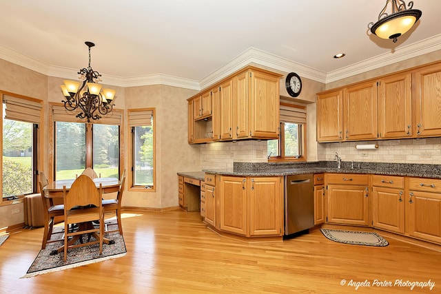 8720 Galleria Ct, Spring Grove, IL 60081 - kitchen with dishwasher, a chandelier, light wood-style flooring, baseboards, and crown molding