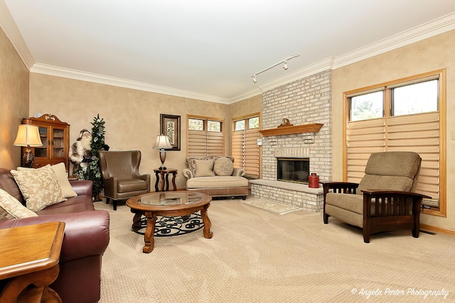 8720 Galleria Ct, Spring Grove, IL 60081 - carpeted living room with a brick fireplace, rail lighting, and ornamental molding