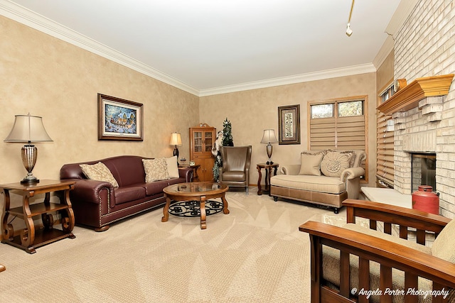 8720 Galleria Ct, Spring Grove, IL 60081 - living room featuring carpet, a brick fireplace, and ornamental molding