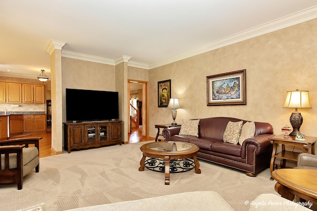 8720 Galleria Ct, Spring Grove, IL 60081 - living room featuring crown molding, light carpet, and baseboards