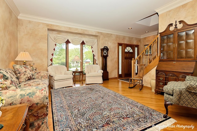 8720 Galleria Ct, Spring Grove, IL 60081 - living area with wood finished floors, ornamental molding, and stairs