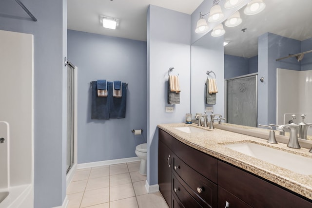 400 Village Cir Unit 207, Willow Springs, IL 60480 - bathroom featuring a shower with door, tile patterned floors, baseboards, toilet, and double vanity