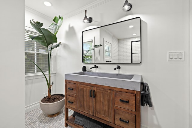 409 Cottage Ave, Glen Ellyn, IL 60137 - bathroom with vanity, plenty of natural light, tile patterned floors, toilet, and crown molding