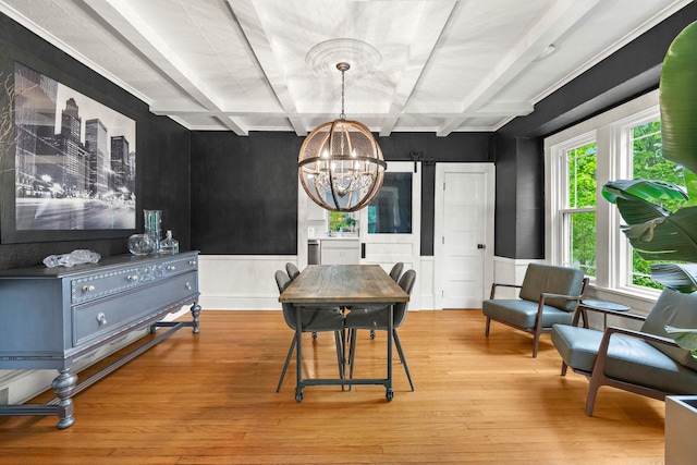 409 Cottage Ave, Glen Ellyn, IL 60137 - dining area featuring a chandelier, beamed ceiling, a wainscoted wall, and wood finished floors