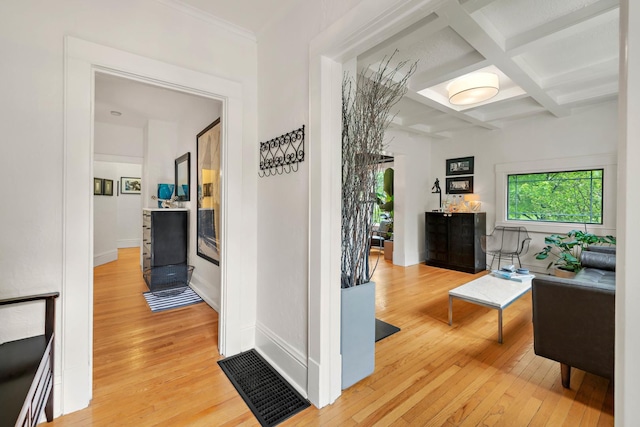 409 Cottage Ave, Glen Ellyn, IL 60137 - hallway with light wood finished floors, beamed ceiling, coffered ceiling, and baseboards