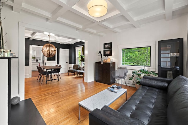 409 Cottage Ave, Glen Ellyn, IL 60137 - living room with a chandelier, coffered ceiling, light wood-type flooring, beam ceiling, and baseboard heating