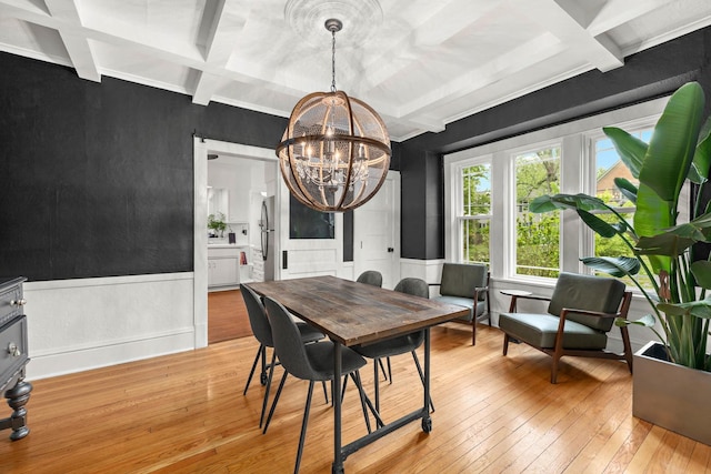 409 Cottage Ave, Glen Ellyn, IL 60137 - dining room with coffered ceiling, light wood-style floors, a chandelier, a wainscoted wall, and beamed ceiling