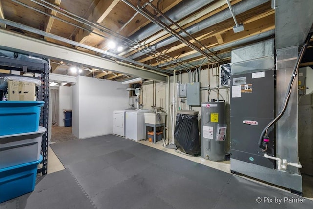 7 Hampton On Auburn Dr, Rolling Meadows, IL 60008 - unfinished below grade area with washing machine and dryer, electric water heater, heating unit, electric panel, and a sink