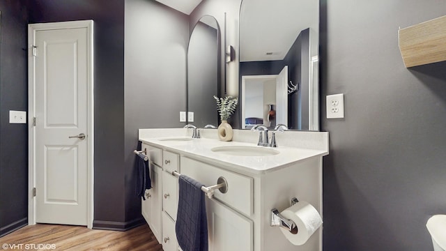 8506 Redbud Ct, Wonder Lake, IL 60097 - bathroom featuring wood finished floors, double vanity, and baseboards