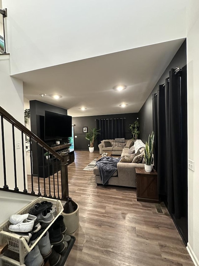 8506 Redbud Ct, Wonder Lake, IL 60097 - living room featuring wood finished floors and stairway