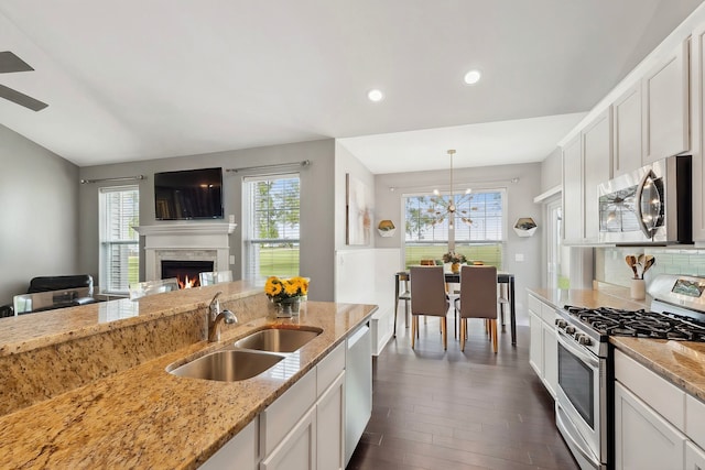 49 W Crabapple Ave, Cortland, IL 60112 - kitchen with stainless steel appliances, a sink, a warm lit fireplace, dark wood-style flooring, and open floor plan