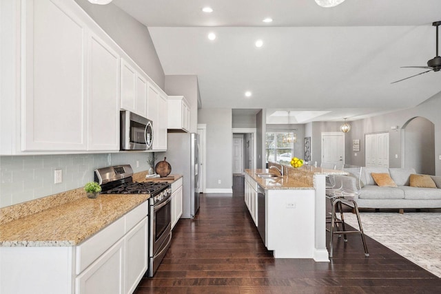 49 W Crabapple Ave, Cortland, IL 60112 - kitchen with stainless steel appliances, open floor plan, dark wood-style floors, a kitchen bar, and a ceiling fan