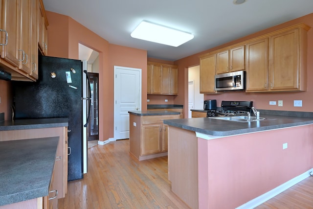 24316 W Bristol Ave, Plainfield, IL 60585 - kitchen featuring stainless steel appliances, light wood-style floors, dark countertops, and a peninsula