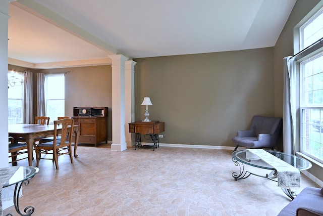 24316 W Bristol Ave, Plainfield, IL 60585 - dining room featuring ornate columns, stone finish floors, healthy amount of natural light, baseboards, and lofted ceiling