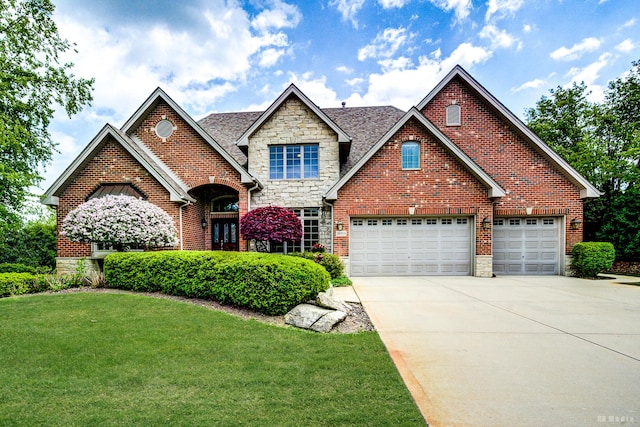 21359 Saddle Ln, Mokena, IL 60448 - view of front of property featuring stone siding, driveway, a front lawn, brick siding, and an attached garage