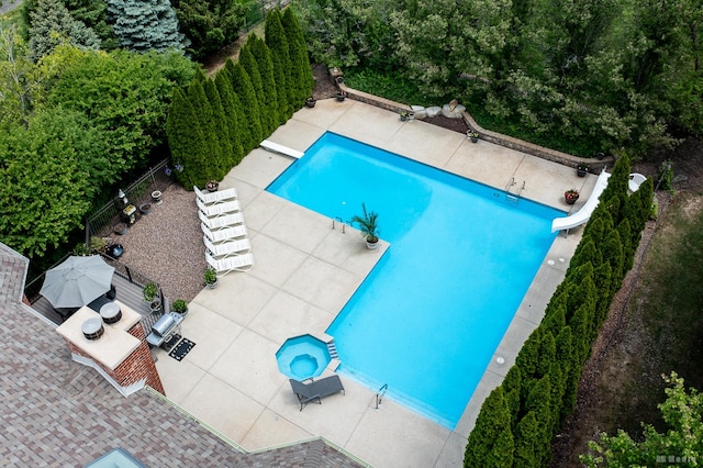 21359 Saddle Ln, Mokena, IL 60448 - view of swimming pool featuring a water slide, a patio, stairway, and a diving board