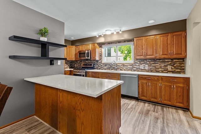 525 W Jackson St, Woodstock, IL 60098 - kitchen featuring appliances with stainless steel finishes, a sink, a peninsula, light wood-type flooring, and decorative backsplash