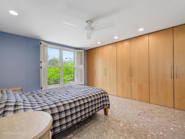 bedroom with recessed lighting and ceiling fan