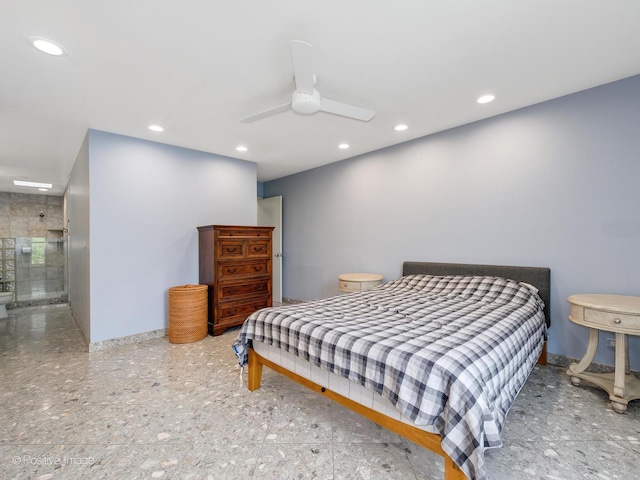 bedroom with recessed lighting, baseboards, and a ceiling fan