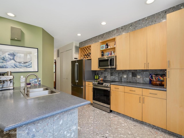 kitchen with stainless steel appliances, a sink, open shelves, tasteful backsplash, and recessed lighting