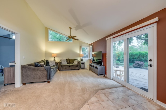 566 Ridge Ave, Elk Grove Village, IL 60007 - living area with vaulted ceiling, light carpet, ceiling fan, and light tile patterned floors