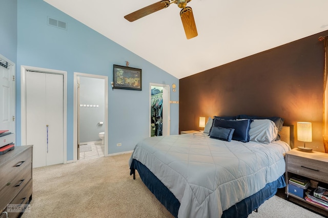 566 Ridge Ave, Elk Grove Village, IL 60007 - carpeted bedroom featuring high vaulted ceiling, ensuite bath, ceiling fan, baseboards, and a closet