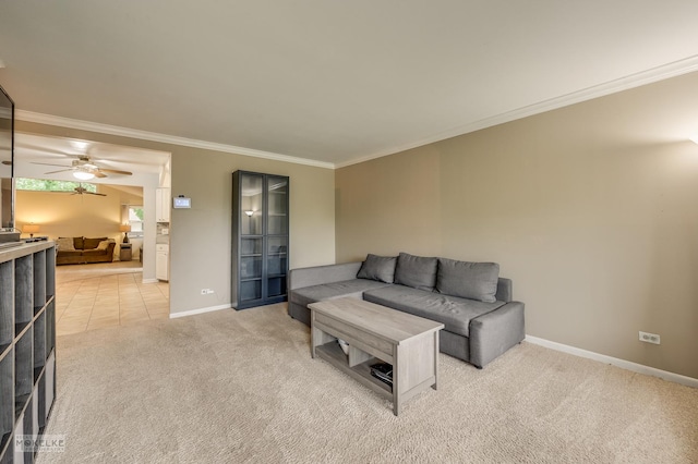 566 Ridge Ave, Elk Grove Village, IL 60007 - living area with ornamental molding, light carpet, baseboards, and ceiling fan