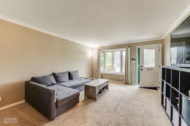 566 Ridge Ave, Elk Grove Village, IL 60007 - living room featuring light colored carpet, ornamental molding, and baseboards