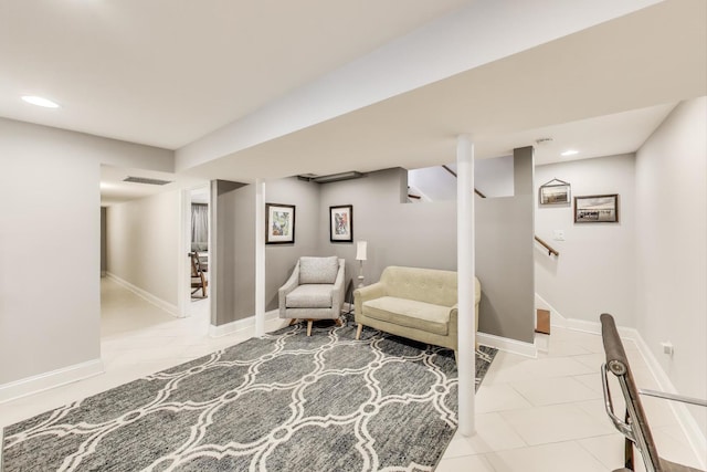 1524 Cleveland St, Evanston, IL 60202 - living area featuring tile patterned flooring, recessed lighting, baseboards, and stairway