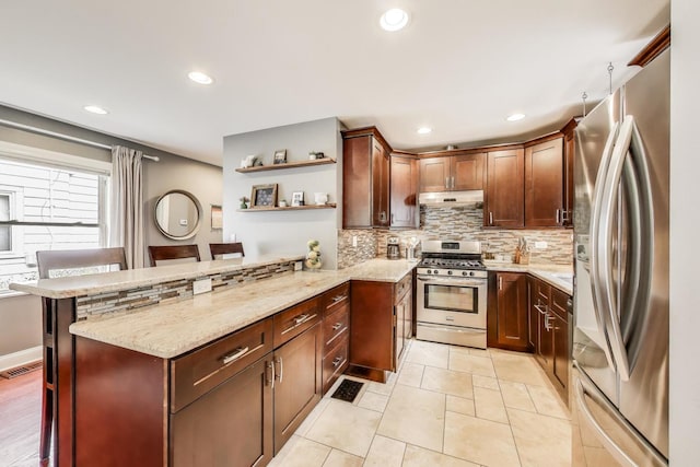 1524 Cleveland St, Evanston, IL 60202 - kitchen with stainless steel appliances, under cabinet range hood, a breakfast bar area, a peninsula, and tasteful backsplash
