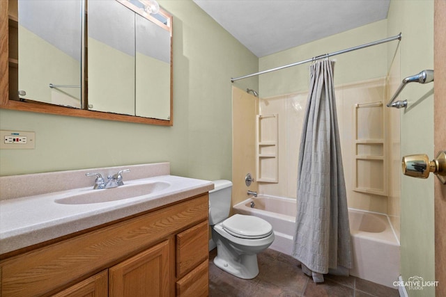 6406 Marshall Dr, Woodridge, IL 60517 - full bathroom with shower / bath combo with shower curtain, toilet, vanity, and tile patterned floors