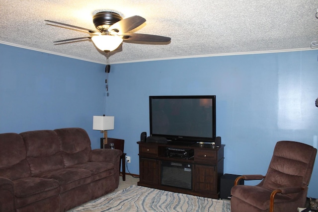 818 Edwin Dr, Bourbonnais, IL 60914 - carpeted living room with a textured ceiling, a ceiling fan, and ornamental molding