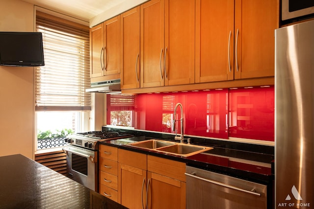11333 S Langley Ave, Chicago, IL 60628 - kitchen with appliances with stainless steel finishes, under cabinet range hood, dark countertops, and brown cabinets