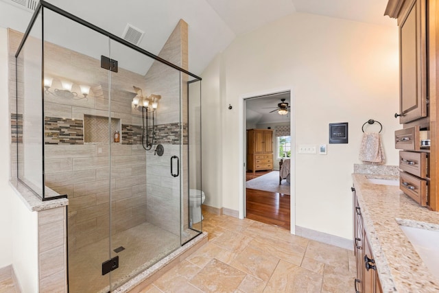 13187 Briar Patch Ln, Lemont, IL 60439 - bathroom featuring vaulted ceiling, double vanity, a ceiling fan, ensuite bathroom, and a shower stall