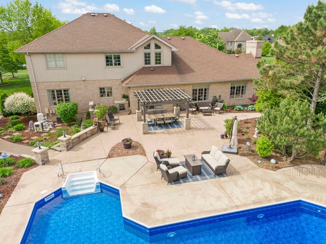 13187 Briar Patch Ln, Lemont, IL 60439 - outdoor pool featuring an outdoor hangout area, outdoor dining area, a patio, and a pergola